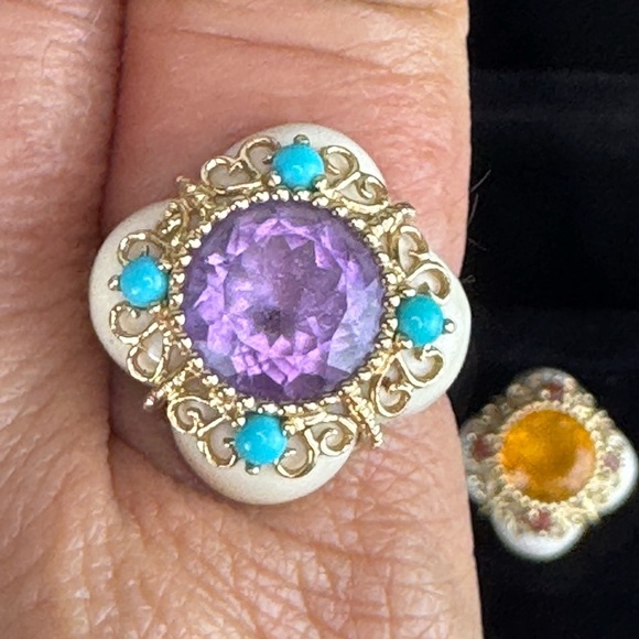 14K Yellow Gold Bezel Amethyst Turquoise and Quatrefoil White Agate Ring S 6.5 - Picture 2 of 16